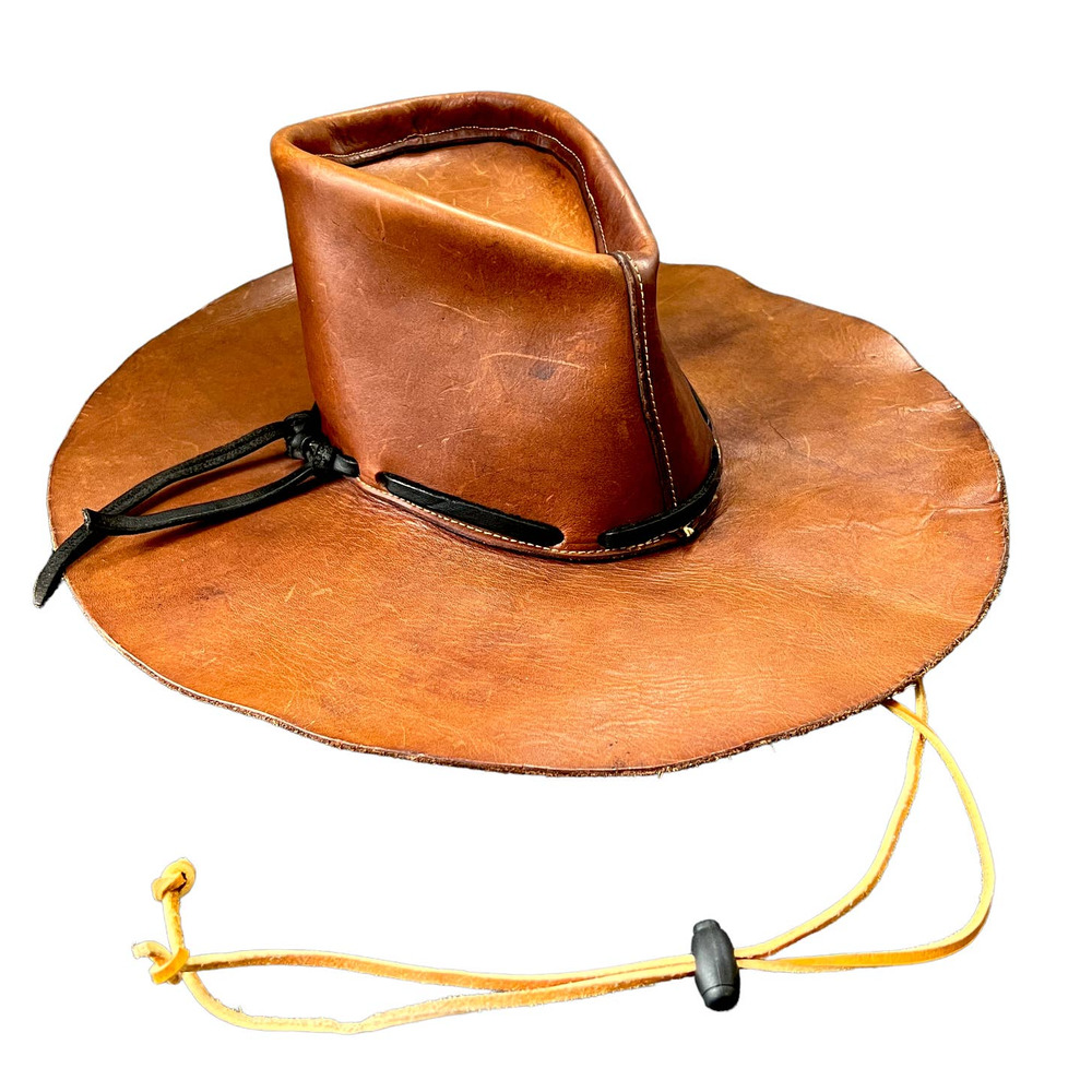 Unbranded Handmade Brown Leather Patina Cowboy Hat With Chin Strap
